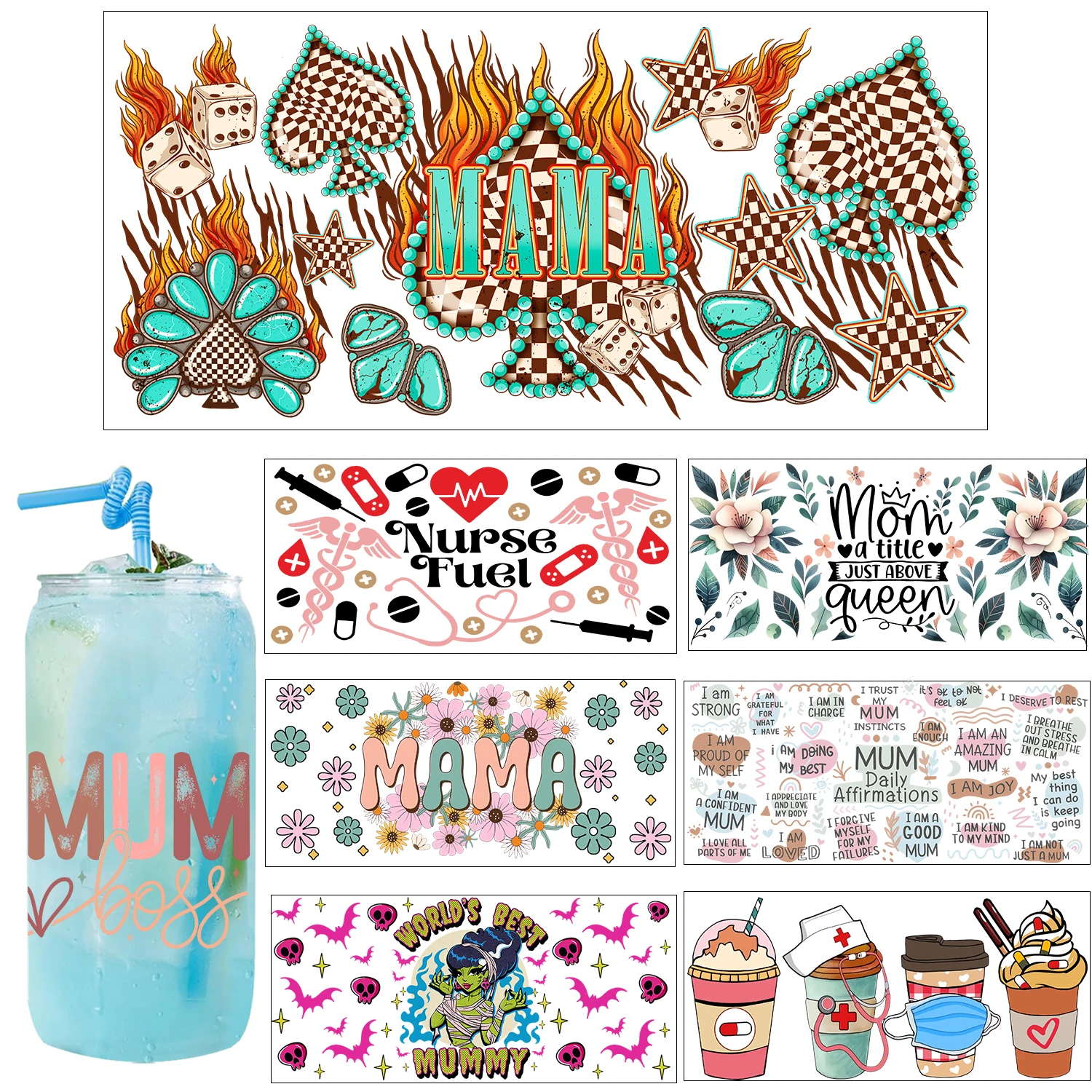 

Trendy Best Mom and Nurse Style Party DIY decoration decals 3D transfers uvdtf crystal sticker 16oz uv dtf cup wraps sticker