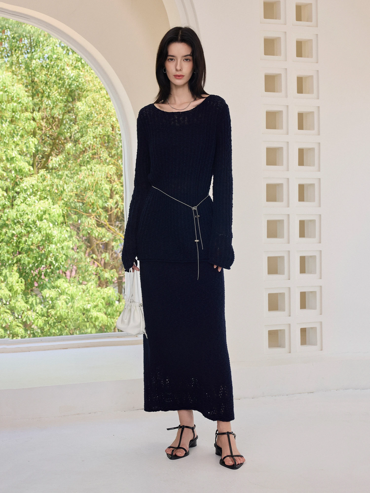 

CLMX Повседневный свободный комплект из хлопкового трикотажа с ретро-полосками и ажурной текстурой, женский, с круглым вырезом и длинными рукавами