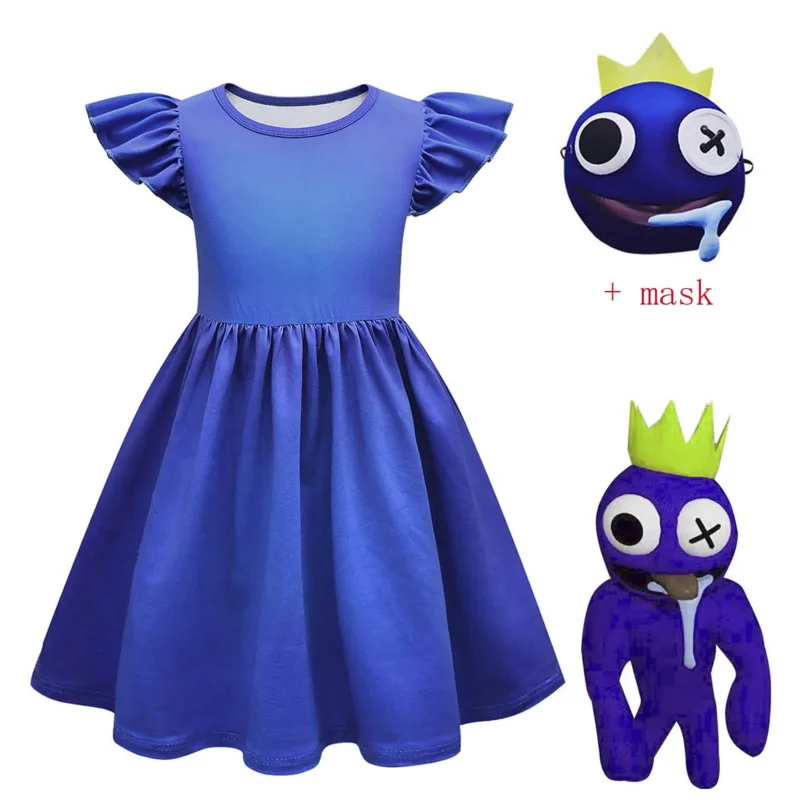 Vestido infantil para niñas, disfraces de Cosplay de Rainbow Friends, ropa y máscara azules de verano, regalo de cumpleaños para niños, traje elegante 2023