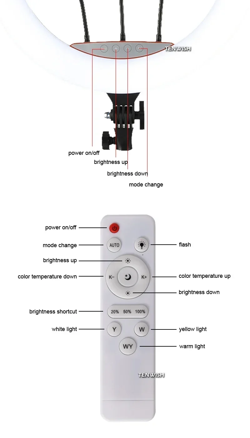 TENWISH-Anillo de luz Led regulable de 18 pulgadas, lámpara de 55W para relleno de fotografía, para teléfono, Youtube, maquillaje, vídeo, Tiktok en vivo