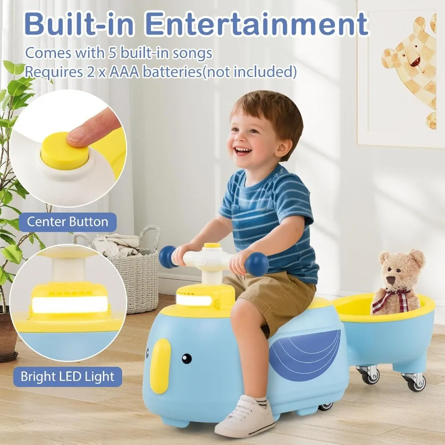 トレーラー付き乗用玩具、屋内外兼用、幼児用乗車玩具、シート下収納、LEDライト、音楽、足で押すスライドカー