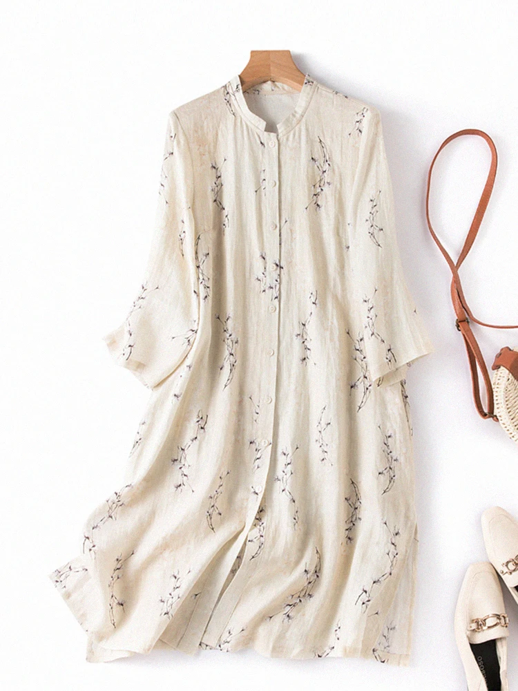 

Floral Print Linen Long Sve Women's irt Thin Outerwear Cotton Linen Sun Protection Clothing Korean Sle round Ne Card...