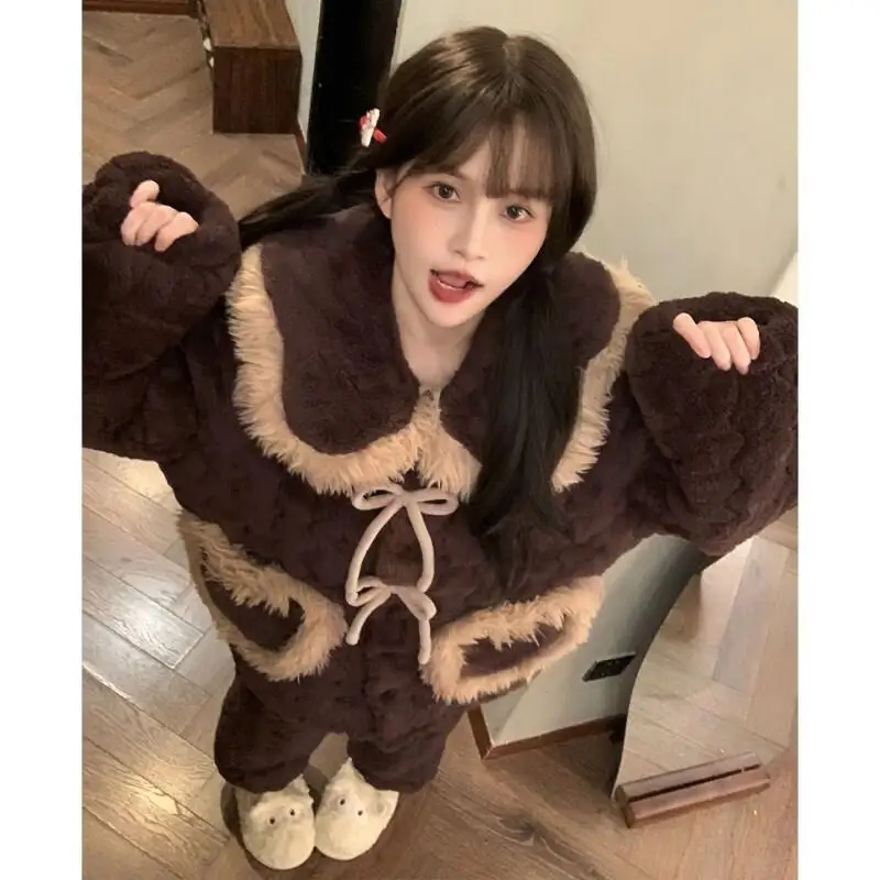 

Women's pajamas Comfortable Sleepwear Cotton Pajama Set winter autumn Quilted Thick Warm Coral Fleece Flannel Teen Home Suit