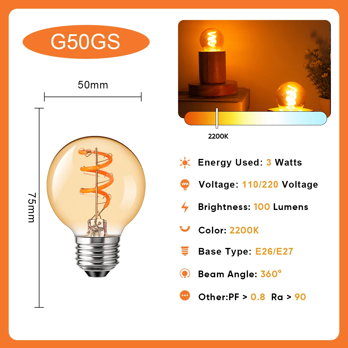 Vintage Edison Led Bulb G50 3W Spiral Filament E27 Base Ball Lamp 2200K Warm Yellow Amber Glass Globe Flexible Bulb for Pendant