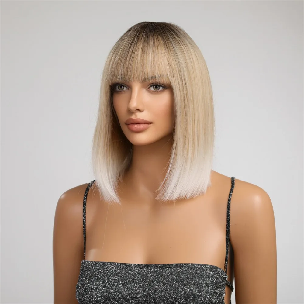 Peluca de cabello sintético con flequillo para mujer blanca, pelo corto recto con raíces oscuras, fibra Natural RESISTENTE al calor, color rubio, fiesta diaria