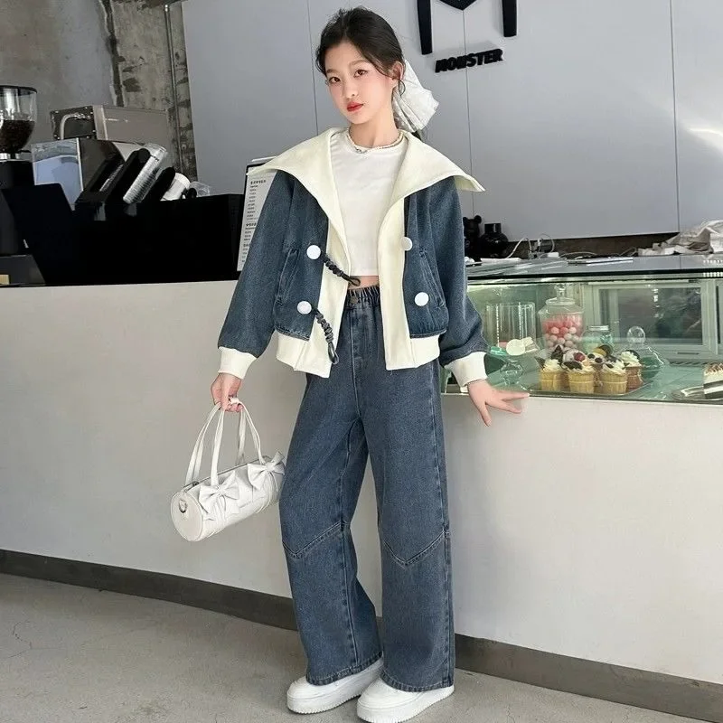 Wide-leg Pants Girl Denim Jacket & 2-Piece Set Clothes From 10 12 Years Fashion Girls Clothing Girl's Autumn Winter Outfit Kids