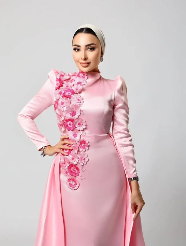 Roze Moslim Caftan Prom Jurken met Overrok Hijab 3D Bloemen Lange Mouw Midden-oosten Avond Formele Gown Outfit Customsized