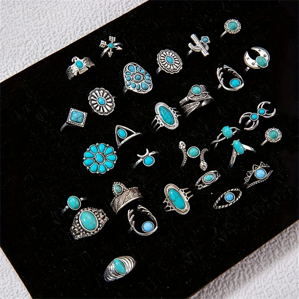 20Pcs Bohemia Turquoise Stone Rings For Women Men Mix Style Vintage Fashion Jewelry Party Gifts Wholesale