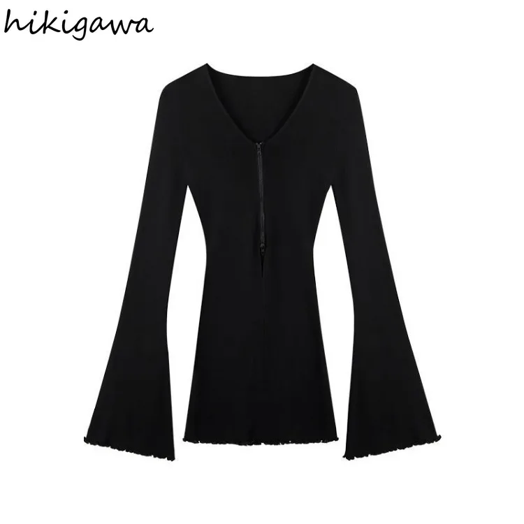 Sueter Mujer V-neck Flare Sleeve Zipper Cardigan 2024 Women\'s Clothing Tunic Fashion Knitted Thin Y2k Sweater Tops Pull Femme