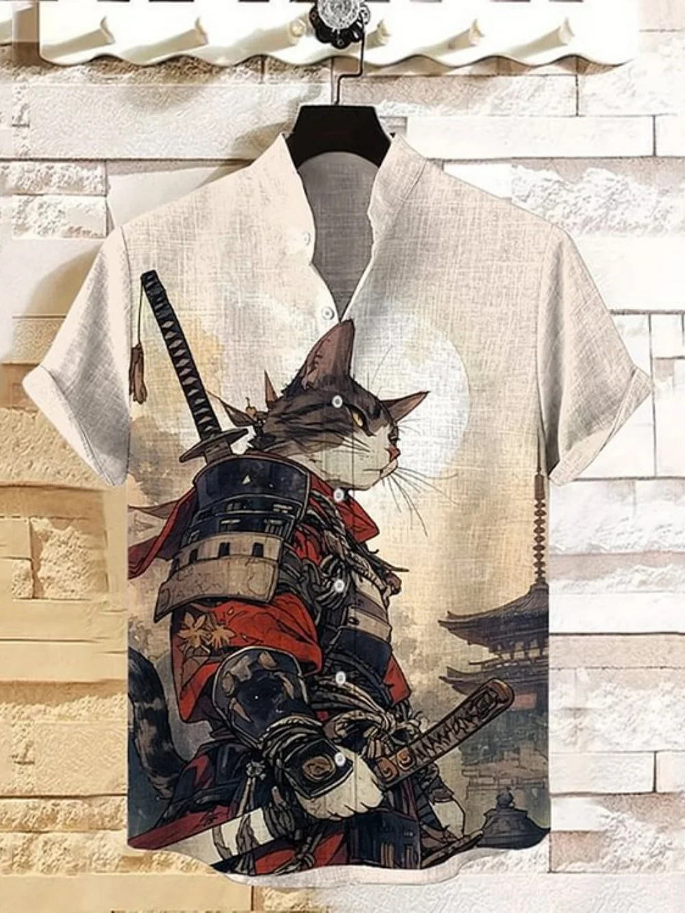 

Summer new men's short sleeved stand up collar single breasted shirt, retro black cat warrior printed linen shirt, fast shipping