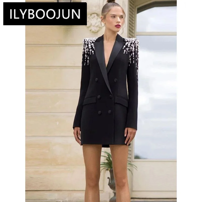 ILYBOOJUN Newest 2024 Designer Jacket Women's Double Breasted Rhinestone Diamonds Beaded Long Blazer Dress