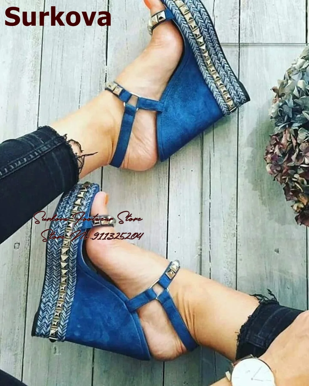 

Surkova Blue Denim Wedge Heel Gold Metallic Studded Sandals Rope Braided Platform Summer Dress Shoes Jeans Buckle Strap Pumps