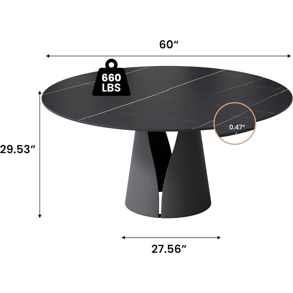 6-person modern round dining table,marble dining table 60 inch dining table,matte black burnt stone countertop,carbon steel base