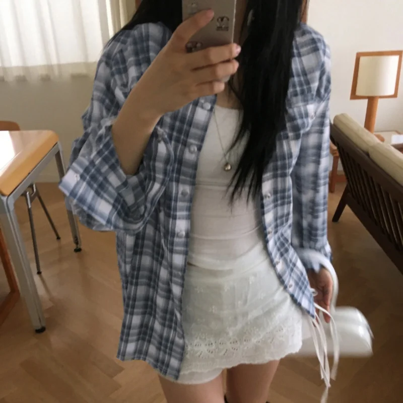 

Свободная клетчатая куртка irt Женская осенняя уличная рубашка Long Sve на пуговицах или длина Трикотажная крутая чувственная обычная тонкая