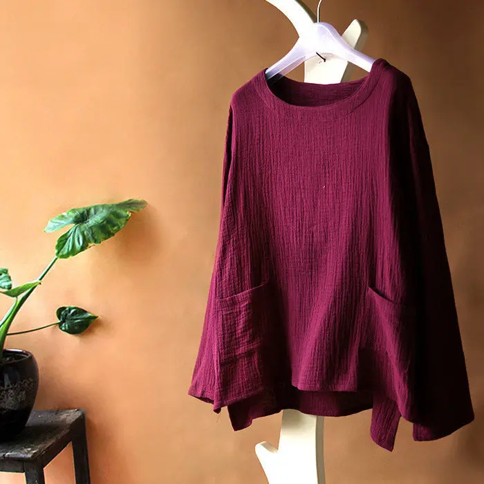 2026 Spring Autumn women\' loose cotton linen Tees long sleeve casual cotton shirts, plus size  linen blouse