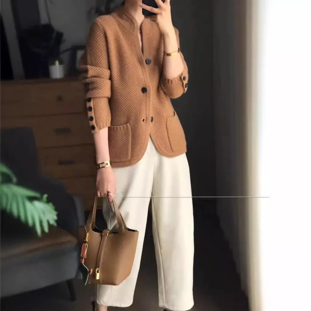 

Women's European Station Autumn Winter All-Wool Cardigan Chinese Stand-Up Collar Thickened Loose Knitwear Outerwear