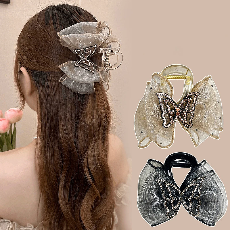 Rhinestone Butterfly Grab Clip For Women Temperament Elegant Mesh Hair Clip Fashion Hair Accessories