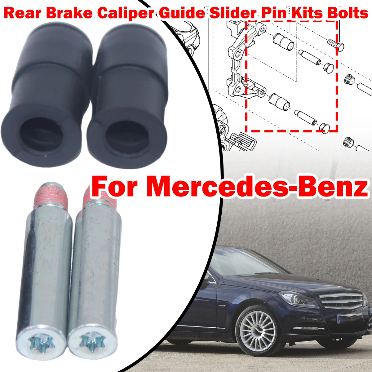 

For Benz M-Class E-Class C-Class Rear Brake Caliper Slider Guide Pins Bolt Kit Left Right Disc Housing Bellows Sleeve Bushing