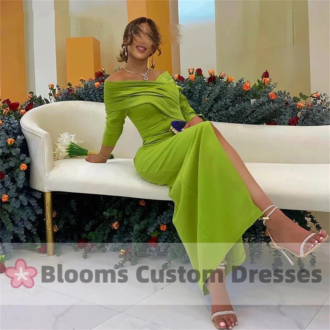 Blooms Off Shoulder Evening Gown Women Mermaid Button Party Prom Dress Elegant Saudi Arabia Long Sleeves Special Occasion Gowns