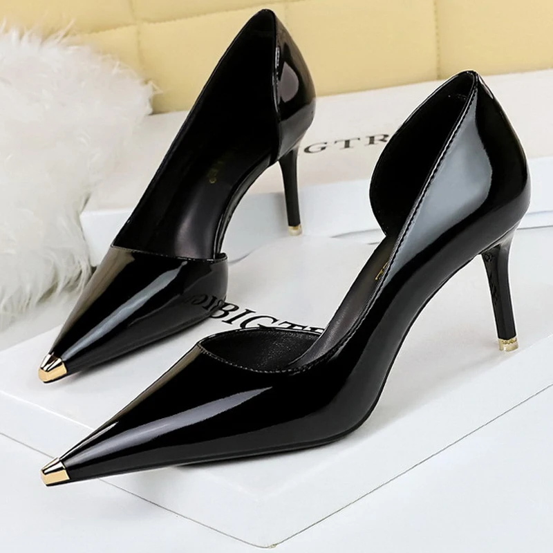 BIGTREE Shoes Black Patent Leather High Heels Metal Pointed Women Pumps Sexy Party Shoes Stilettos Women 7 Cm 10.5cm Heels