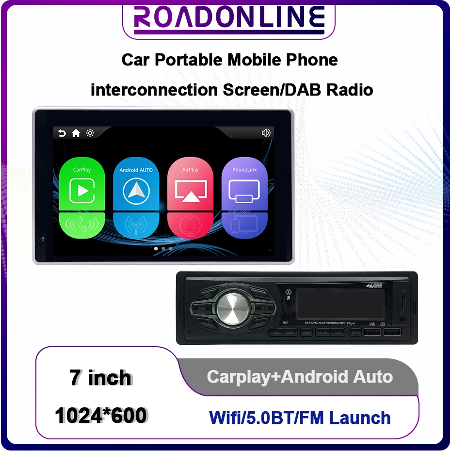 

7 Inch 1024*600 Car Portable Mobile Phone Interconnection Screen Built-in DAB+ MP3 Car Radio Multimedia Radio Player