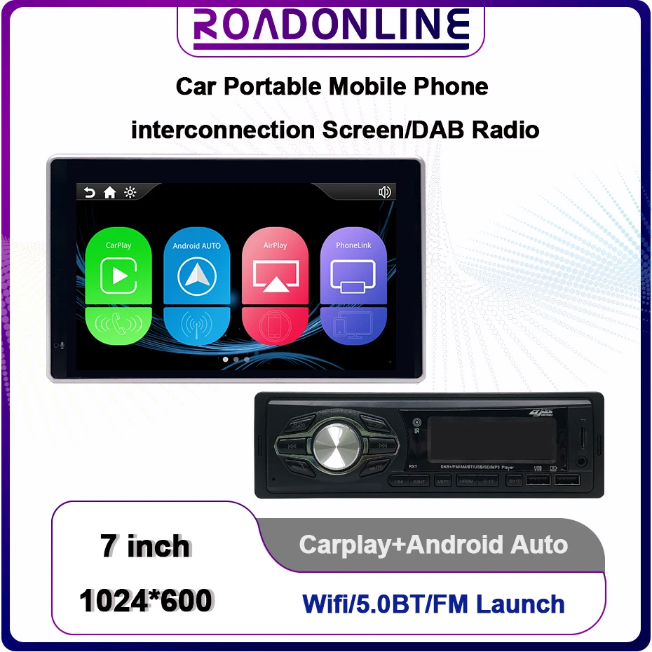 7 Inch 1024*600 Car Portable Mobile Phone Interconnection Screen Built-in DAB+ MP3 Car Radio Multimedia Radio Player