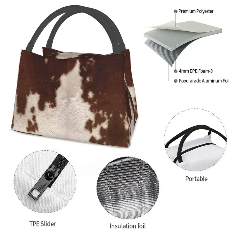 Brown Calf Cowhide Insulated Lunch Bags for Picnic Animal Skin Fur Leather Texture Waterproof Thermal Cooler Bento Box Women