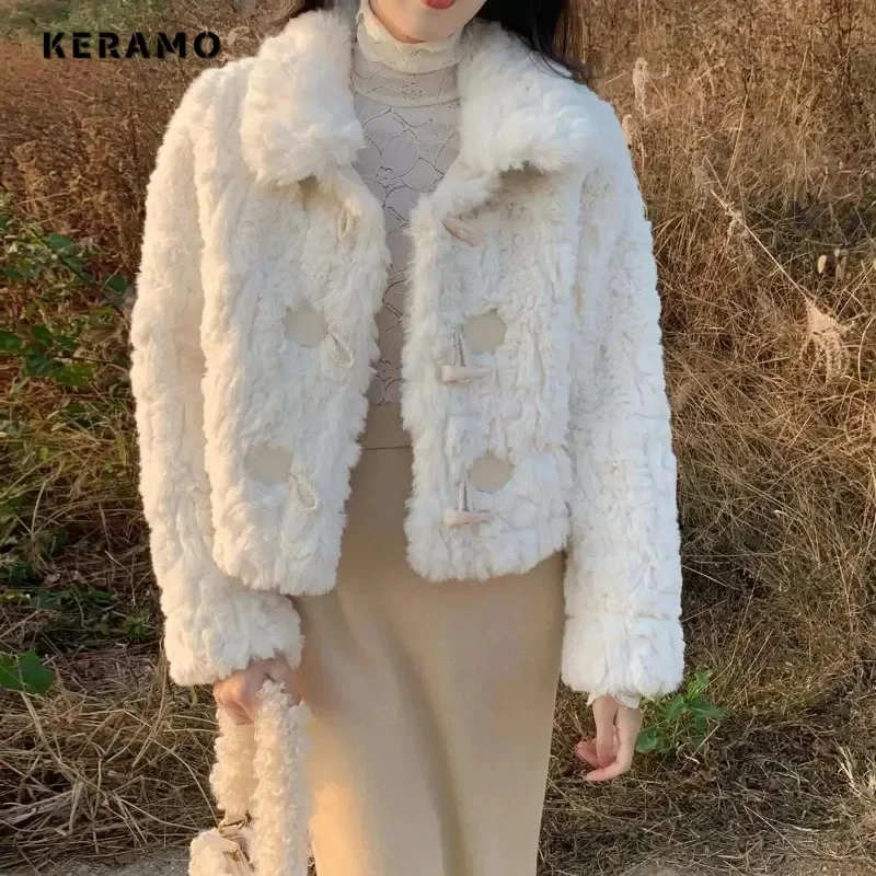 2024 Autumn Winter Korean Chic Style Single Breasted Turn Down Collar Fur Jacket For Women Luxury Fashion Slim Warm Short Coat