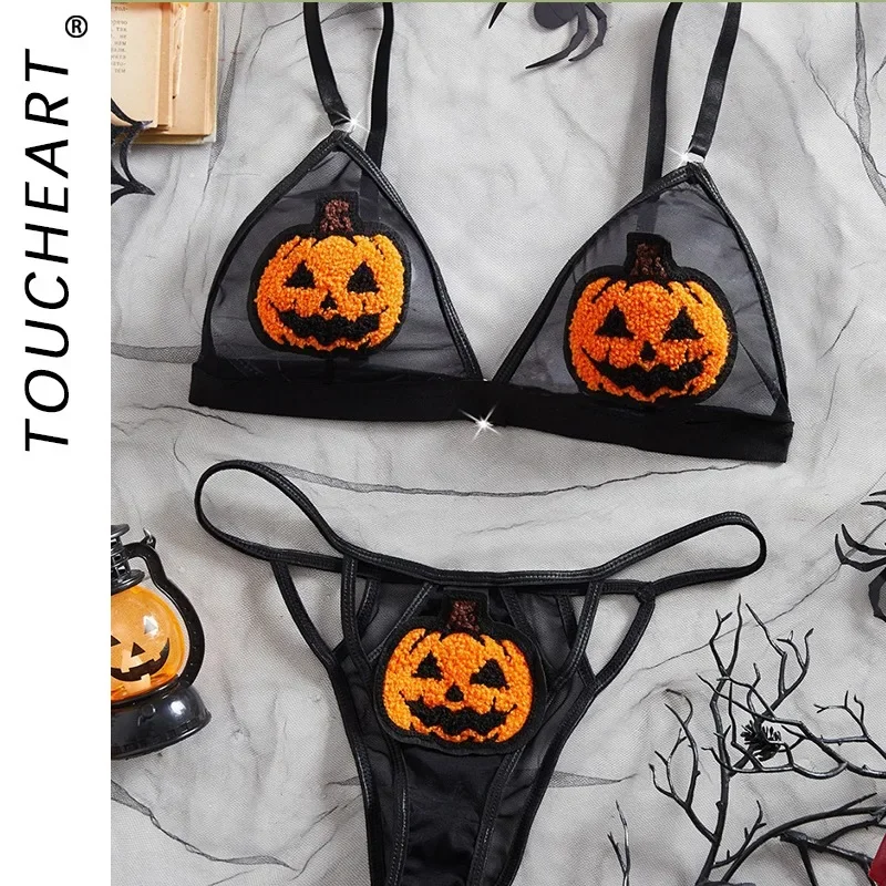 

Halloween Sexy Pumpkin Demon Underwear Set Lace See-through Slim Plunge Backless Interesting Mesh Underwear Set