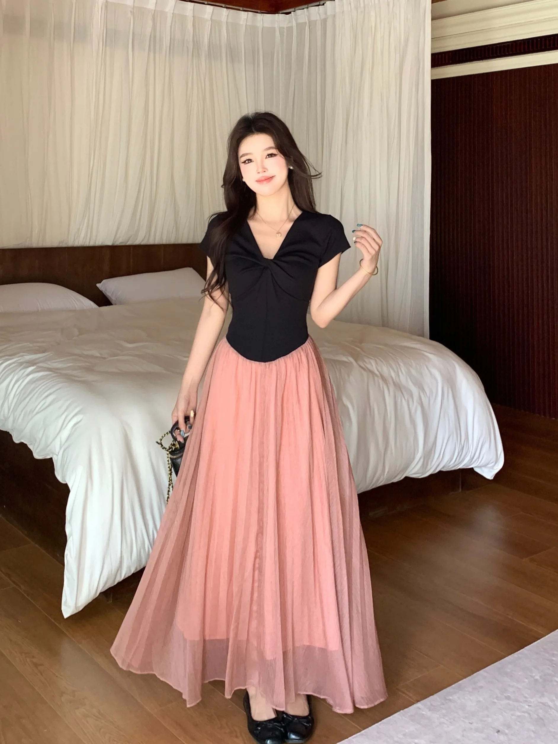 

Женское платье больших размеров с V-образным вырезом, коротким рукавом, завязками на талии, длинной юбкой, в корейском стиле, для повседневной носки, с завышенной талией, асимметричное