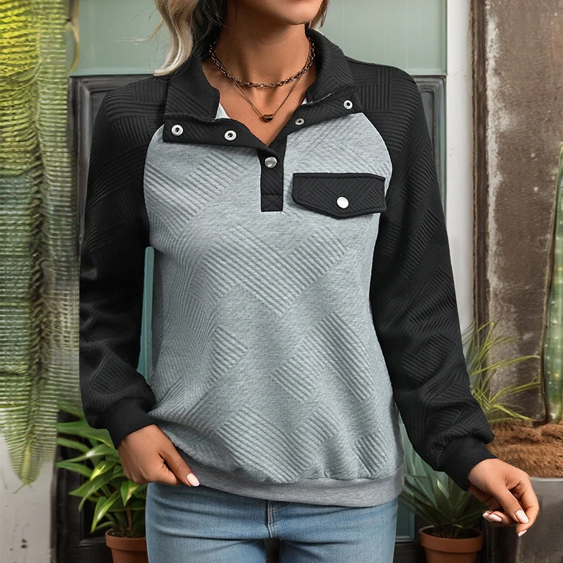 

Women's Gray Black Color Block Polo Collar Sweatshirt Casual Textured Knit false Chest Pocket Long Sleeve Pullover Top