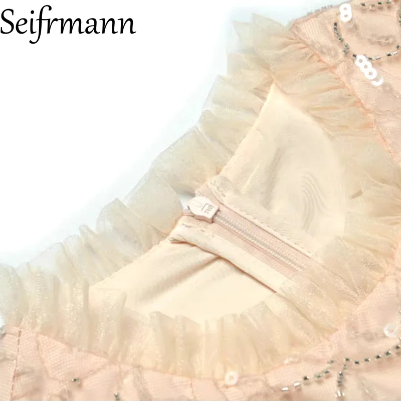 Seifrmann round neck long sleeved sequined nail bead waist cinched mesh princess style long dress 2025 autumn