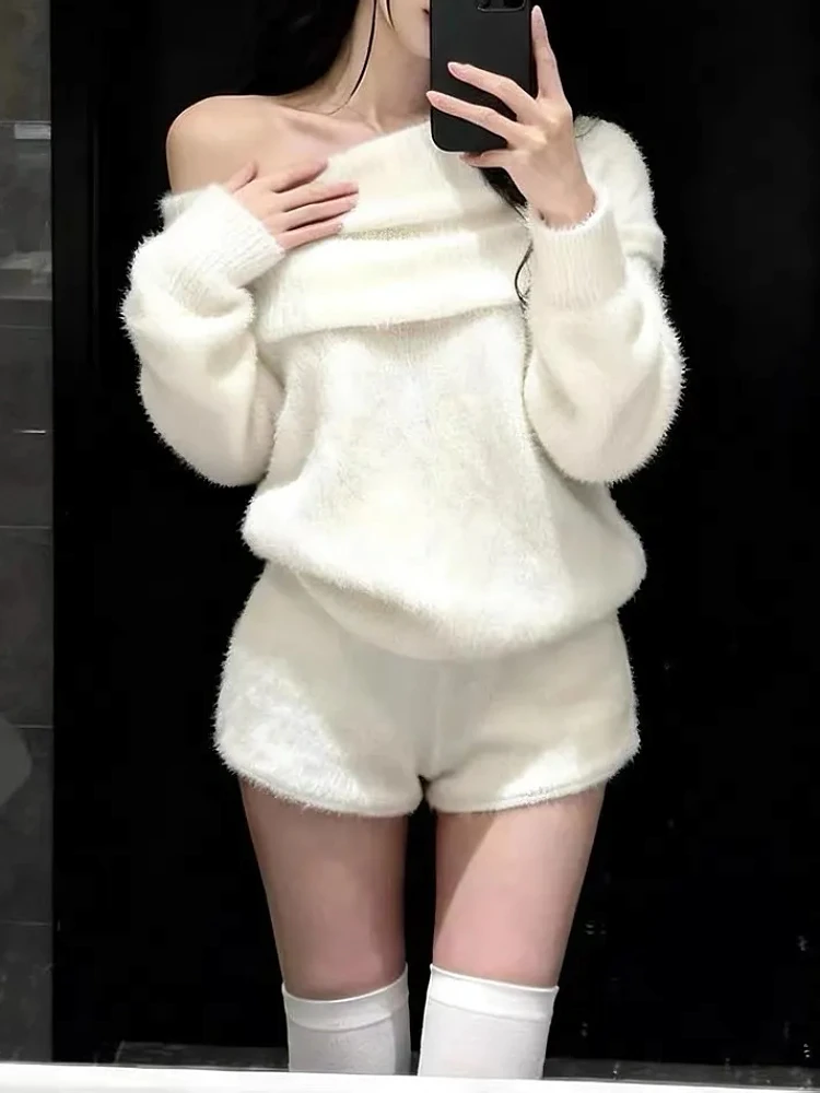 เสื้อไหมพรมแขนยาวทรงหลวมสไตล์เกาหลีสำหรับผู้หญิง  แบบเปิดไหล่ข้างเดียว  ใส่สบาย  ไซส์ใหญ่  สำหรับฤดูใบไม้ร่วงและฤดูหนาว