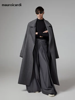 Mauroicardi 남성용 오버사이즈 그레이 울 혼방 코트, 라글란 소매, 럭셔리 모직 오버코트 2024, 매우 긴 따뜻함, 가을 겨울