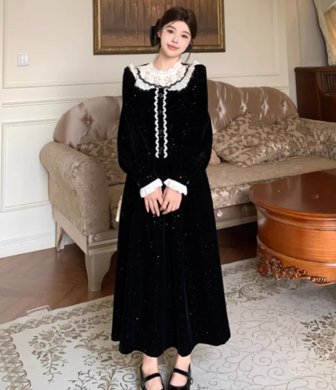 فستان نسائي للخريف والشتاء مقاس كبير أنيق من الدانتيل الفرنسي بياقة بيتر بان وأكمام طويلة على شكل حرف a فساتين حلوة عالية الخصر #6