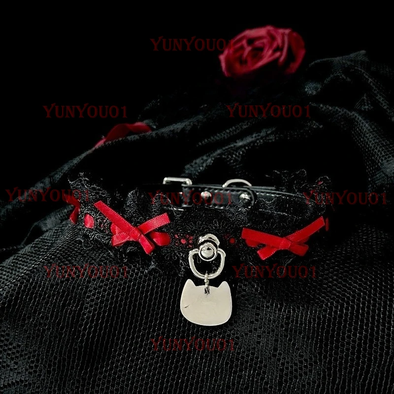 Maid Lace Collar Choker Female Leather Bell Ribbon Bow Stitching