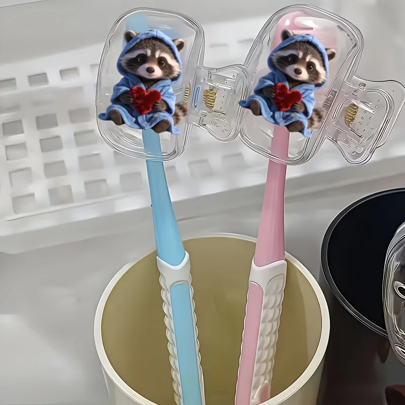 Raccoon with Heart 2pcs Portable Dustproof Odorless Toothbrush Holder Ideal Home and Travel Use Bathroom Additions Outdoor Trips