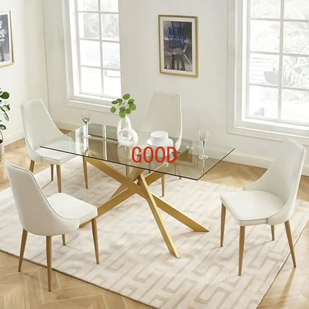 Rectangle Glass Dining Table Modern Style Home Kitchen Dining Room Metal Legs Tempered Glass Top Generous Design Spacious Bright