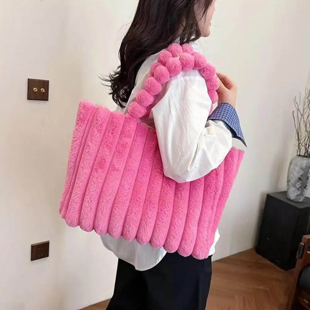 Autumn Winter Soft Plush Bags, Stylish College Student Women Handbag Shoulder Bag with Leather Material Polyester Lining