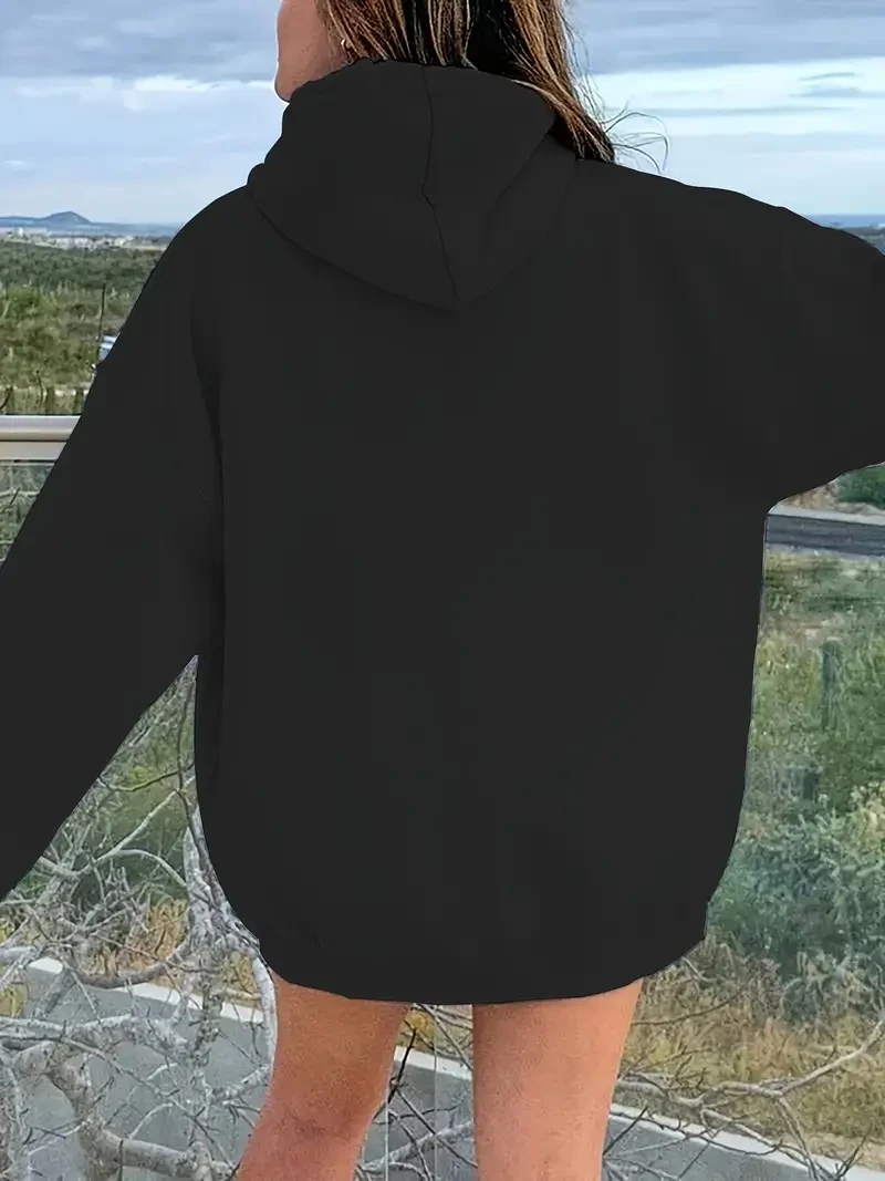 سترة نسائية للخريف والشتاء كاجوال فضفاضة بنمط حروف مع سترة بغطاء للرأس دافئة بأكمام طويلة #2