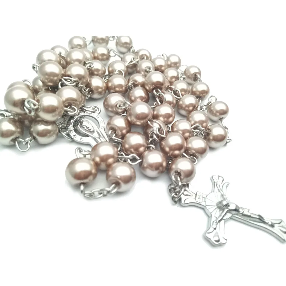 8mm Resin Pearl Cross Pendant Necklace Rosary Prayer Baptism Jewelry Maria Jesus Catholic Christian Religious Accessories Gift