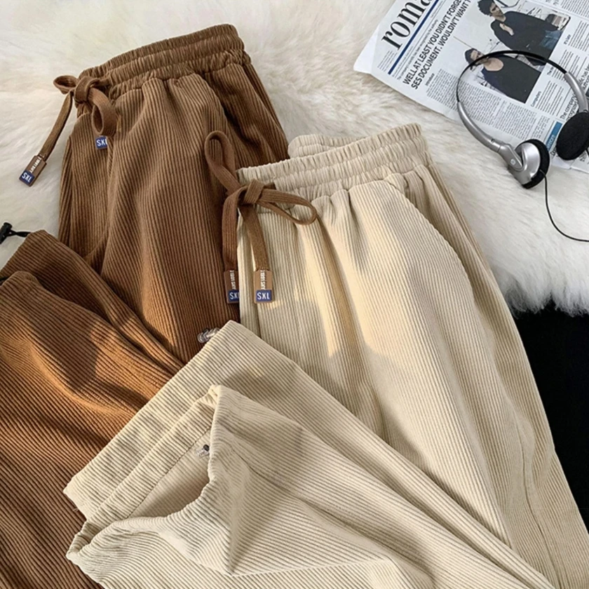 

Women's Thin Corduroy Straight Leg Pants Spring Autumn Korean Style Casual Sports Loose Trousers with Cuffs