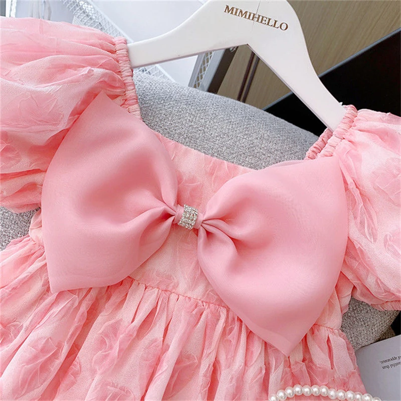 Baby Girls Dress Summer Stars Elegant Pink Princess Dress With Super Big Bow Kids Birthday Party Clothes Children Puffy Dress