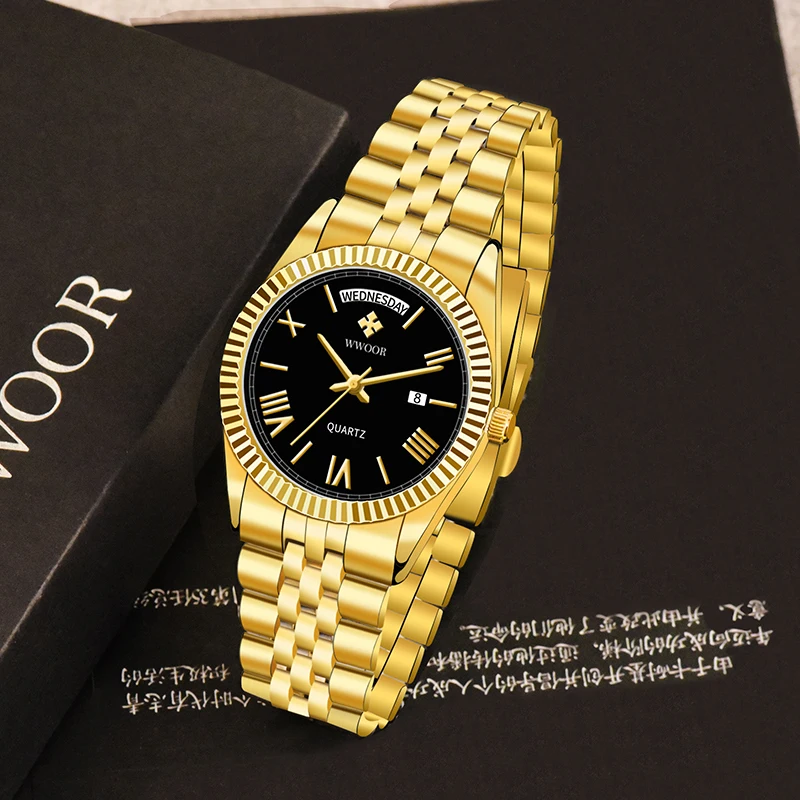 WWOOR-Montres étanches en acier inoxydable pour hommes, montres-bracelets à quartz, horloge de date, cadeau de luxe, nouveau