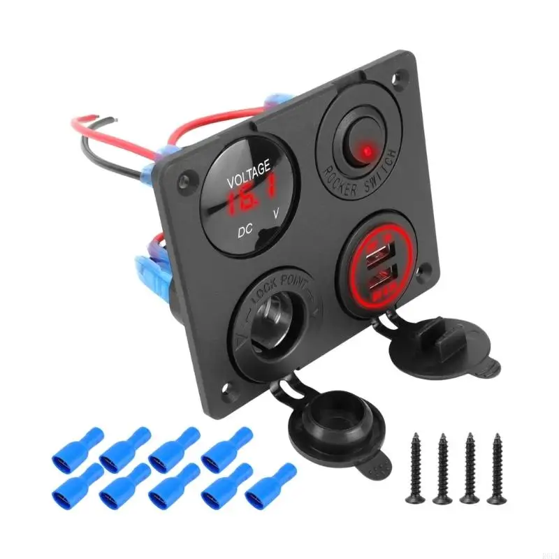 12V Auto Power Socket Panel With Current Monitor And Quick 3 1A USB Ports R6FB