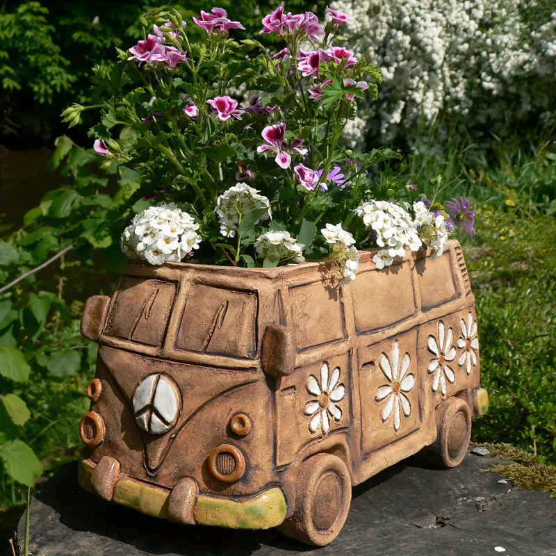 Vintage Hippie Van Resin Planter - Creative Car Flower Pot for Indoor/Outdoor Garden Decor