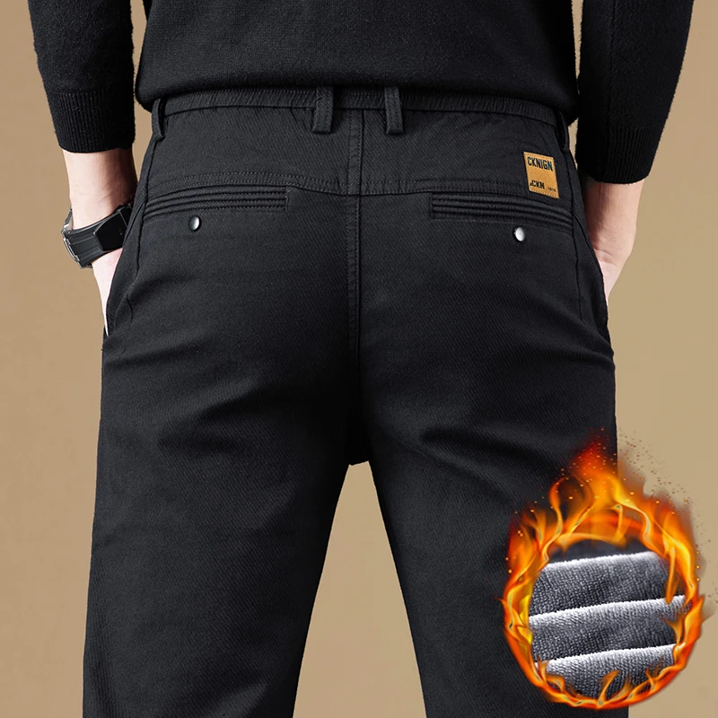 Alta qualidade inverno quente velo calças casuais dos homens tecido de algodão fino cinza coreia trabalho clássico carga ao ar livre calças masculinas 28-38