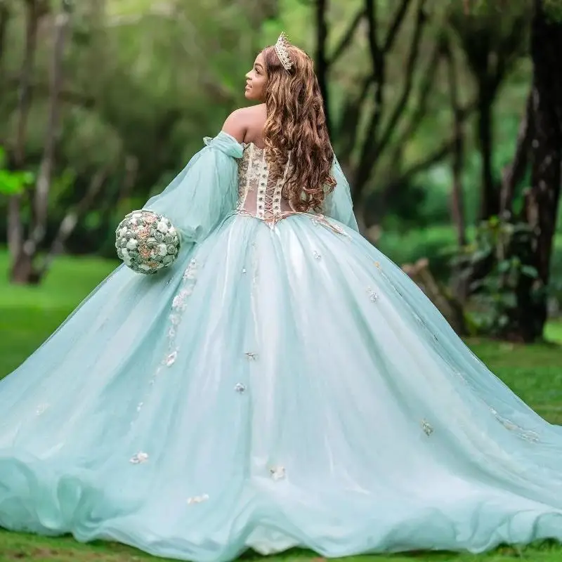 Светло-зеленые платья Quinceanera по индивидуальному заказу с открытыми плечами и пышными рукавами, аппликациями из бисера, милое платье 16, Vestidos 15 De Anos