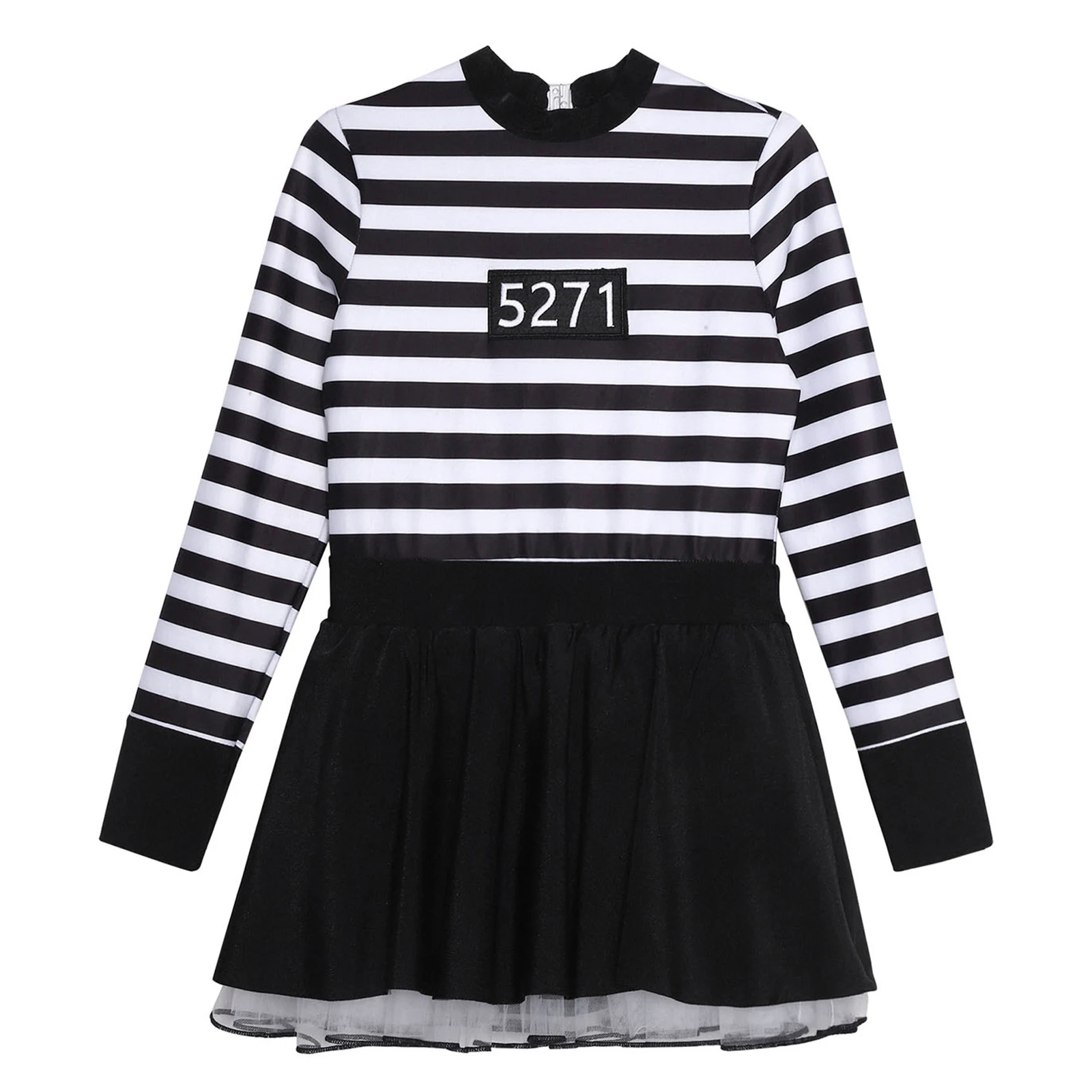 Costume da prigioniero a righe per bambina, costume da prigioniero, girocollo, taglio sul retro, maniche lunghe, tutù arricciato, gonne cosplay con cappucci diretti
