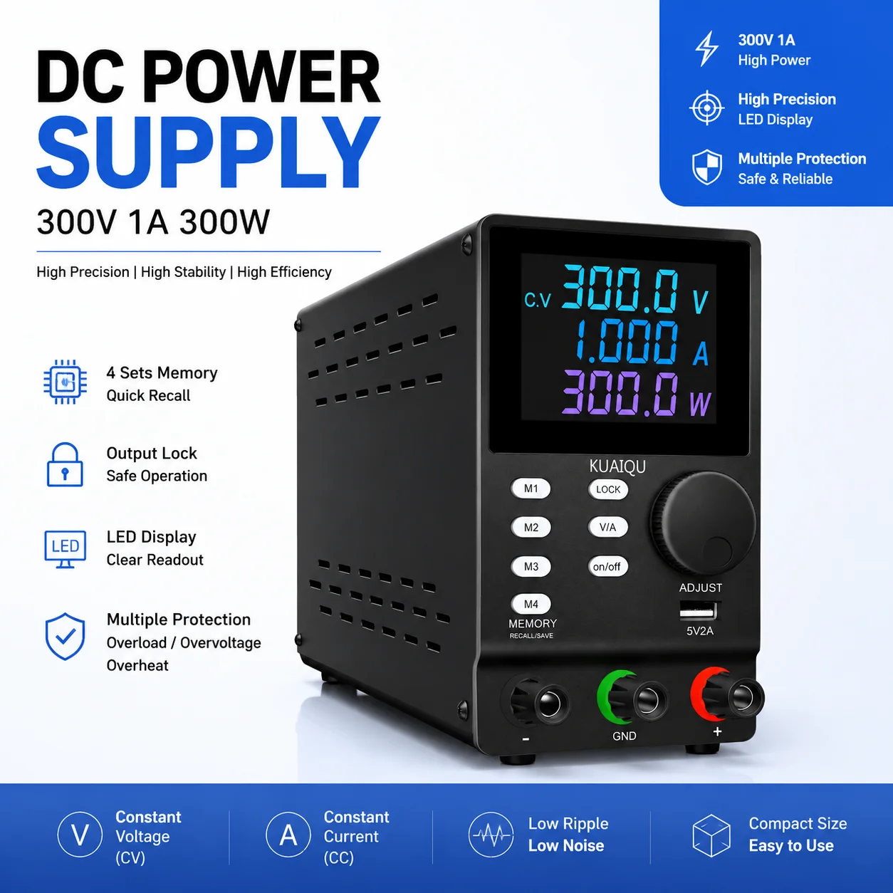 KUAIQU DC Power Supply Variable, 300V 200V 1A High Voltage Programmable Adjustable Regulated Lab Bench Power Supply For Test Lab
